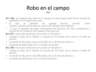 Robo en el campo
CPNL
Art. 376.- Se entiende por robo en el campo, el consumado fuera de los núcleos de
población, en los siguientes casos:
• El que se apodere de ganado bovino, caballar, malar
(mulas), caprino, ovino, porcino, asnal o de cualquier otra especie;
• El que se apodere de algún instrumento de labranza, de fruto recolectado o
pendiente de recolectar de cualquier clase que sea.
Art. 377.- Forma de sancionarse en cuanto a la fracción I:
• Cuando el valor de lo robado no exceda de 70 cuotas, de 6 meses a 5 años de
prisión;
• Si excede de 70 cuotas, pero no de 200, de 1 a 8 años de prisión; y
• Si excede de 200 cuotas, de 2 a 10 años de prisión.
Art. 378.- Forma de sancionarse en cuanto a la fracción II:
• Cuando el valor de lo robado no exceda de 70 cuotas, de 6 meses a 3 años de
prisión;
• Si excede de 70, pero no de 200 cuotas, de 1 a 5 años de prisión; y
• Si excede de 200 cuotas, de 2 a 8 años de prisión.
 