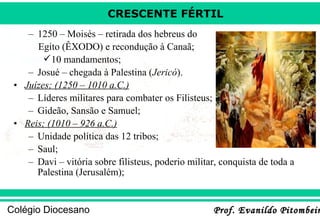 CRESCENTE FÉRTIL
– 1250 – Moisés – retirada dos hebreus do
Egito (ÊXODO) e recondução à Canaã;
10 mandamentos;
– Josué – chegada à Palestina (Jericó).
• Juízes; (1250 – 1010 a.C.)
– Líderes militares para combater os Filisteus;
– Gideão, Sansão e Samuel;
• Reis; (1010 – 926 a.C.)
– Unidade política das 12 tribos;
– Saul;
– Davi – vitória sobre filisteus, poderio militar, conquista de toda a
Palestina (Jerusalém);

Colégio Diocesano

Prof. Evanildo Pitombeir

 