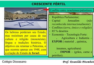 CRESCENTE FÉRTIL
VI- Diáspora dos hebreus:

Conflito entre israelenses/palestinos.

Depois da destruição de Jerusalém
pelos romanos em 70 d.C., os
hebreus foram obrigados a deixar
a Palestina e se espalharam pelo
mundo inteiro, o que é chamado
Os hebreus perderam seu Estado,
de Diáspora.
mas resistiram por causa de sua
cultura e religião (monoteísta),
língua e tradições histórica. O
objetivo era retornar a Palestina, o
que ocorreu apenas em 1948, com
a criação do Estado de Israel.

- República Parlamentar;
- Capital
Jerusalém
(não
reconhecida internacionalmente)
- Conflitos (terra, étnico e religião)
- 85 % desertos
- Economia – Tecnologia Forte:
.
Agricultura e Indústria –
EXPOR ( material , química,

Colégio Diocesano

insumos, agricultura)
.
IMPOR – (grãos, carne e
petróleo).

Prof. Evanildo Pitombeir

 
