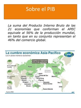 Sobre el PIB
La suma del Producto Interno Bruto de las
21 economías que conforman el APEC
equivale al 56% de la producción mundial,
en tanto que en su conjunto representan el
46% del comercio global.
 