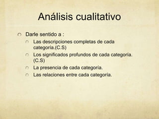Análisis cualitativo
Darle sentido a :
Las descripciones completas de cada
categoría.(C.S)
Los significados profundos de cada categoría.
(C.S)
La presencia de cada categoría.
Las relaciones entre cada categoría.
 
