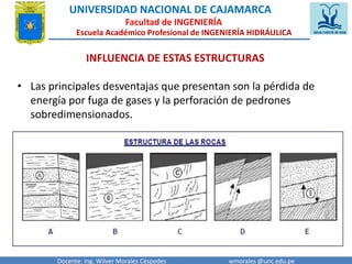 UNIVERSIDAD NACIONAL DE CAJAMARCA 
Facultad de INGENIERÍA 
Escuela Académico Profesional de INGENIERÍA HIDRÁULICA 
INFLUENCIA DE ESTAS ESTRUCTURAS 
• Las principales desventajas que presentan son la pérdida de 
energía por fuga de gases y la perforación de pedrones 
sobredimensionados. 
Docente: Ing. Wilver Morales Céspedes wmorales @unc.edu.pe 
 