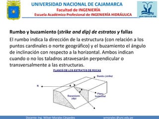 UNIVERSIDAD NACIONAL DE CAJAMARCA 
Facultad de INGENIERÍA 
Escuela Académico Profesional de INGENIERÍA HIDRÁULICA 
Rumbo y buzamiento (strike and dip) de estratos y fallas 
El rumbo indica la dirección de la estructura (con relación a los 
puntos cardinales o norte geográfico) y el buzamiento el ángulo 
de inclinación con respecto a la horizontal. Ambos indican 
cuando o no los taladros atravesarán perpendicular o 
transversalmente a las estructuras. 
Docente: Ing. Wilver Morales Céspedes wmorales @unc.edu.pe 
 
