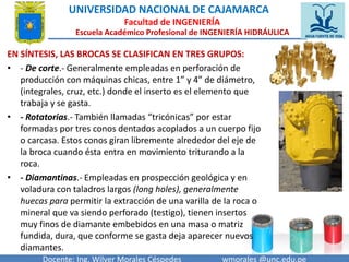 UNIVERSIDAD NACIONAL DE CAJAMARCA 
Facultad de INGENIERÍA 
Escuela Académico Profesional de INGENIERÍA HIDRÁULICA 
EN SÍNTESIS, LAS BROCAS SE CLASIFICAN EN TRES GRUPOS: 
• - De corte.- Generalmente empleadas en perforación de 
producción con máquinas chicas, entre 1” y 4” de diámetro, 
(integrales, cruz, etc.) donde el inserto es el elemento que 
trabaja y se gasta. 
• - Rotatorias.- También llamadas “tricónicas” por estar 
formadas por tres conos dentados acoplados a un cuerpo fijo 
o carcasa. Estos conos giran libremente alrededor del eje de 
la broca cuando ésta entra en movimiento triturando a la 
roca. 
• - Diamantinas.- Empleadas en prospección geológica y en 
voladura con taladros largos (long holes), generalmente 
huecas para permitir la extracción de una varilla de la roca o 
mineral que va siendo perforado (testigo), tienen insertos 
muy finos de diamante embebidos en una masa o matriz 
fundida, dura, que conforme se gasta deja aparecer nuevos 
diamantes. 
Docente: Ing. Wilver Morales Céspedes wmorales @unc.edu.pe 
 