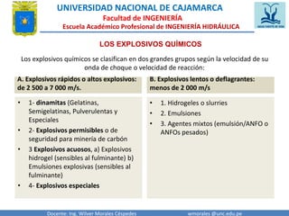 UNIVERSIDAD NACIONAL DE CAJAMARCA 
Facultad de INGENIERÍA 
Escuela Académico Profesional de INGENIERÍA HIDRÁULICA 
LOS EXPLOSIVOS QUÍMICOS 
Los explosivos químicos se clasifican en dos grandes grupos según la velocidad de su 
onda de choque o velocidad de reacción: 
A. Explosivos rápidos o altos explosivos: 
de 2 500 a 7 000 m/s. 
• 1- dinamitas (Gelatinas, 
Semigelatinas, Pulverulentas y 
Especiales 
• 2- Explosivos permisibles o de 
seguridad para minería de carbón 
• 3 Explosivos acuosos, a) Explosivos 
hidrogel (sensibles al fulminante) b) 
Emulsiones explosivas (sensibles al 
fulminante) 
• 4- Explosivos especiales 
B. Explosivos lentos o deflagrantes: 
menos de 2 000 m/s 
• 1. Hidrogeles o slurries 
• 2. Emulsiones 
• 3. Agentes mixtos (emulsión/ANFO o 
ANFOs pesados) 
Docente: Ing. Wilver Morales Céspedes wmorales @unc.edu.pe 
 