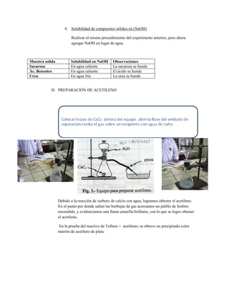 4. Solubilidad de compuestos sólidos en (NaOH)
Realizar el mismo procedimiento del experimento anterior, pero ahora
agregar NaOH en lugar de agua.
Muestra solida Solubilidad en NaOH Observaciones
Sacarosa En agua caliente La sacarosa se hunde
Ác. Benzoico En agua caliente El ácido se hunde
Urea En agua fría La urea se hunde
D. PREPARACIÓN DE ACETILENO
Debido a la reacción de carburo de calcio con agua, logramos obtener el acetileno.
En el punto por donde salían las burbujas de gas acercamos un palillo de fosforo
encendido, y evidenciamos una llama amarilla brillante, con lo que se logro obtener
el acetileno.
En la prueba del reactivo de Tollens + acetileno; se obtuvo un precipitado color
marrón de acetiluro de plata.
 
