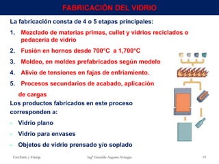 Env.Emb. y Transp. Ing° Gerardo Augusto Venegas 19
FABRICACIÓN DEL VIDRIO
La fabricación consta de 4 o 5 etapas principales:
1. Mezclado de materias primas, cullet y vidrios reciclados o
pedacería de vidrio
2. Fusión en hornos desde 700°C a 1,700°C
3. Moldeo, en moldes prefabricados según modelo
4. Alivio de tensiones en fajas de enfriamiento.
5. Procesos secundarios de acabado, aplicación
de cargas
Los productos fabricados en este proceso
corresponden a:
- Vidrio plano
- Vidrio para envases
- Objetos de vidrio prensado y/o soplado
 