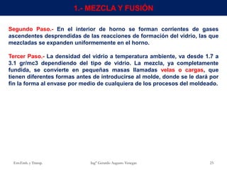 Env.Emb. y Transp. Ing° Gerardo Augusto Venegas 23
1.- MEZCLA Y FUSIÓN
Segundo Paso.- En el interior de horno se forman corrientes de gases
ascendentes desprendidas de las reacciones de formación del vidrio, las que
mezcladas se expanden uniformemente en el horno.
Tercer Paso.- La densidad del vidrio a temperatura ambiente, va desde 1.7 a
3.1 gr/mc3 dependiendo del tipo de vidrio. La mezcla, ya completamente
fundida, se convierte en pequeñas masas llamadas velas o cargas, que
tienen diferentes formas antes de introducirse al molde, donde se le dará por
fin la forma al envase por medio de cualquiera de los procesos del moldeado.
 