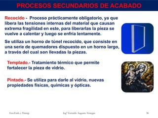 Env.Emb. y Transp. Ing° Gerardo Augusto Venegas 38
PROCESOS SECUNDARIOS DE ACABADO
Recocido - Proceso prácticamente obligatorio, ya que
libera las tensiones internas del material que causan
extrema fragilidad en este, para liberarlas la pieza se
vuelve a calentar y luego se enfría lentamente.
Se utiliza un horno de túnel recocido, que consiste en
una serie de quemadores dispuesto en un horno largo,
a través del cual son llevadas la piezas.
Templado.- Tratamiento térmico que permite
fortalecer la pieza de vidrio.
Pintado.- Se utiliza para darle al vidrio, nuevas
propiedades físicas, químicas y ópticas.
 