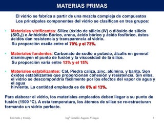 Env.Emb. y Transp. Ing° Gerardo Augusto Venegas 5
El vidrio se fabrica a partir de una mezcla compleja de compuestos
Los principales componentes del vidrio se clasifican en tres grupos:
• Materiales vitrificantes: Sílice (óxido de silicio (IV) o dióxido de silicio
(SiO2)) o Anhídrido Bórico, arena, ácido bórico y ácido fosfórico, éstos
ácidos dan resistencia y transparencia al vidrio.
Su proporción oscila entre el 70% y el 73%.
• Materiales fundentes: Carbonato de sodio o potasio, álcalis en general
disminuyen el punto de fusión y la viscosidad de la sílice.
Su proporción varía entre 13% y el 15%
• Materiales estabilizantes: Cal, Piedra caliza, zinc, alúmina, y barita. Son
óxidos estabilizantes que proporcionan cohesión y resistencia. Sin ellos,
el vidrio se descompondría fácilmente por los efectos del vapor de agua y
el agua
hirviente. La cantidad empleada es de 8% al 13%.
Para elaborar el vidrio, los materiales empleados deben llegar a su punto de
fusión (1500 °C). A esta temperatura, los átomos de sílice se re-estructuran
formando un vidrio perfecto.
MATERIAS PRIMAS
 