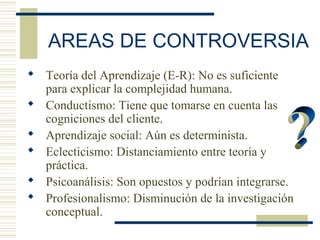 AREAS DE CONTROVERSIA
 Teoría del Aprendizaje (E-R): No es suficiente
para explicar la complejidad humana.
 Conductismo: Tiene que tomarse en cuenta las
cogniciones del cliente.
 Aprendizaje social: Aún es determinista.
 Eclecticismo: Distanciamiento entre teoría y
práctica.
 Psicoanálisis: Son opuestos y podrían integrarse.
 Profesionalismo: Disminución de la investigación
conceptual.
 