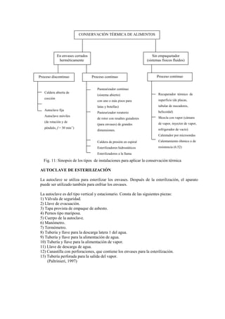 Fig. 11: Sinopsis de los tipos de instalaciones para aplicar la conservación térmica
AUTOCLAVE DE ESTERILIZACIÓN
La autoclave se utiliza para esterilizar los envases. Después de la esterilización, el aparato
puede ser utilizado también para enfriar los envases.
La autoclave es del tipo vertical y estacionario. Consta de las siguientes piezas:
1) Válvula de seguridad.
2) Llave de evacuación.
3) Tapa provista de empaque de asbesto.
4) Pernos tipo mariposa.
5) Cuerpo de la autoclave.
6) Manómetro.
7) Termómetro.
8) Tubería y llave para la descarga latera 1 del agua.
9) Tubería y llave para la alimentación de agua.
10) Tubería y llave para la alimentación de vapor.
11) Llave de descarga de agua.
12) Canastilla con perforaciones, que contiene los envases para la esterilización.
13) Tubería perforada para la salida del vapor.
(Paltrinieri, 1997)
CONSERVACIÓN TÉRMICA DE ALIMENTOS
En envases cerrados
herméticamente
Sin empaquetador
(sistemas físicos fluidos)
Proceso discontinuo Proceso continuo
Caldera abierta de
cocción
Autoclave fija
Autoclave móviles
(de rotación y de
péndulo, f = 30 min-1
)
Pasteurizador continuo
(sistema abierto)
con uno o más pisos para
latas y botellas)
Pasteurizador roratorio
de rotor con resaltes guiadores
(para envases) de grandes
dimensiones.
Caldera de presión en espiral
Esterilizadores hidrostáticos
Esterilizadores a la llama
Proceso continuo
Recuperador térmico de
superficie (de placas,
tubular de rascadores,
helicoidal)
Mezcla con vapor (cámara
de vapor, inyector de vapor,
refrigerador de vacío)
Calentador por microondas
Calentamiento óhmico o de
resistencia (6.52)
 