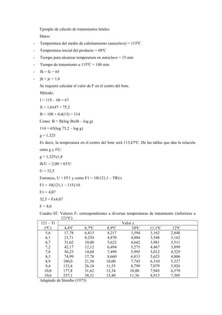 Ejemplo de cálculo de tratamientos letales:
Datos:
- Temperatura del medio de calentamiento (autoclave) = 115ºC
- Temperatura inicial del producto = 68ºC
- Tiempo para alcanzar temperatura en autoclave = 15 min
- Tiempo de tratamiento a 115ºC = 108 min
- fh = fc = 65
- jh = jc = 1,6
Se requiere calcular el valor de F en el centro del bote.
Método:
I = 115 - 68 = 67
Ji = 1,6x47 = 75,2
B = 108 + 0,4(15) = 114
Como: B = fh(log JhxIh – log g)
114 = 65(log 75,2 – log g)
g = 1,325
Es decir, la temperatura en el centro del bote será 113,67ºC. De las tablas que dan la relación
entre g y f/U:
g = 1,325x1,8
fh/U = 2,00 = 65/U
U = 32,5
Entonces, U = FF1 y como F1 = 10(121,1 – TR)/z
F1 = 10(121,1 – 115)/10
F1 = 4,07
32,5 = Fx4,07
F = 8,0
Cuadro 02: Valores F1 correspondientes a diversas temperaturas de tratamiento (inferiores a
121ºC)
121 – Ti
(ºC)
Valor z
4,4ºC 6,7ºC 8,9ºC 10ºC 11,1ºC 12ºC
5,6
6,1
6,7
7,2
7,8
8,3
8,9
9,4
10,0
10,6
17,78 6,813 4,217 3,594 3,162 2,848
23,71 8,254 4,870 4,084 3,548 3,162
31,62 10,00 5,623 4,642 3,981 3,511
42,17 12,12 6,494 5,275 4,467 3,899
56,23 14,68 7,499 5,995 5,012 4,329
74,99 17,78 8,660 6,813 5,623 4,806
100,0 21,54 10,00 7,743 6,310 5,337
133,4 26,10 11,55 8,799 7,079 5,926
177,8 31,62 13,34 10,00 7,943 6,579
237,1 38,31 15,40 11,36 8,913 7,305
Adaptado de Stumbo (1973)
 
