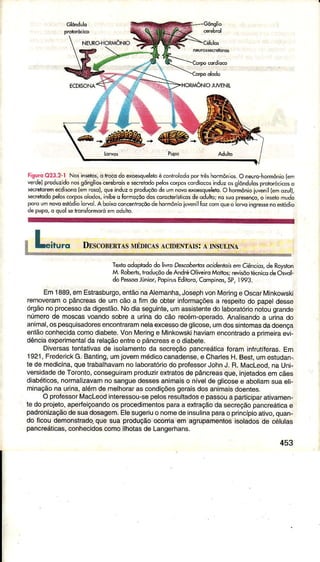 Gônglio
NEURO.HORT4ÕNIO
ECDISONA ÌOJWENII
FisurcO23.2-l Nôsinsêlos,q trocodoqesqodêto é cônhôlôdoportés homônios.O nelro-hormônioíem
verdelprodlzdo nossônslioscercbrcke src|odo pêloscorposco.dÍoco5induzosslôndulosprctorócicosq
'ec'eloremecdnonol€m
'oel.
queirduzo producaodeu- novoqoesqueleto.O hormóíioiu'ên1(M o?ull
secretodopeloscorposolodos,inibeoÍormoçôodoscoroctêrkrkôsdeodultojnosuopresencoo in*ro mudo
poroumnorceíddiolotuol.A boixoconcenircçõodehormônìoiuvèn;lÍozcomquêô loryoingrcs*no*irdio
depupo.o quolsetonsÍôrmoro er oouito
"õryryY@:
Textoodoptodo do livro Descobedosocidentdisen Ciênctot de Roysicn
M. Roberts,lÍoduçõo deAnd'é Oliwiro l'4oíos; rwisõo recnicode Osvol-
do Pe'sooJúnior,PopúusEdiiom,Cqmp;nos,SP,1993.
Em1889,emEstrâsburgo,entãonaAlemanha,JosephvonlreringêOscarÀ,íinkowski
rêmoveramo pâncreasde umcãoa fimde obterinÍoímaçõêsa respeitodo papeldesse
órgãonoprocêssodadigestão.Nodiaseguinte,umassisÌentedolaboratórionoiougrande
númerode moscasvoândosobrea urinado cão recém-operado.Analisandoa urinâdo
animal,ospesquisadoresencontraramnelaexcessodêglicose,umdossintomasdadoença
ênlãoconhecidacomodiâbete.Vonlreringe l,,linkowskihaviamencontradoa primeirâêvi-
dênciaexperimentaldarêlaçãoenÌreo pâncrease o diabele.
Diversastentativasde isolâmêntoda secreçãopancreáticaforaminfrutíferas.Em
1921,FrederickG.Banting,umjovemmédicocanadense,e CharlesH.Best,umostudan-.
le demedicina,quetrabalhavâmnolaboratóriodo professorJohnJ. R.Macleod,na Uni
vêrsidadedeToronto,conseguiramproduzirextratosdepâncreasquê,injetadosemcães
diabéticos,normalizavamnosanguedessosanimaiso nívelde glicosee aboliamsuaetF
minaçãona uina,alémde mêlhorarascondiçõesgeraisdosanimaisdoêntes.
O professorMacleodinteressou-sêpelosresultadose passoua participarativâmen-
te doprojêto,apeÍfeiçoandoosprocedimêntospaÍaa extraçãodasecreçãopancreáticae
padíonizaçãodesuadosagem.Elesugerìuo nomêdêinsulinaparaoprincípioativo,quan-
do ficoudêmonstradqque suapíoduçãoocorriâem agrupamentosisoladosdê células
pancreáticâs,conhocidoscomoilhotasdeLangerhans.
453
 