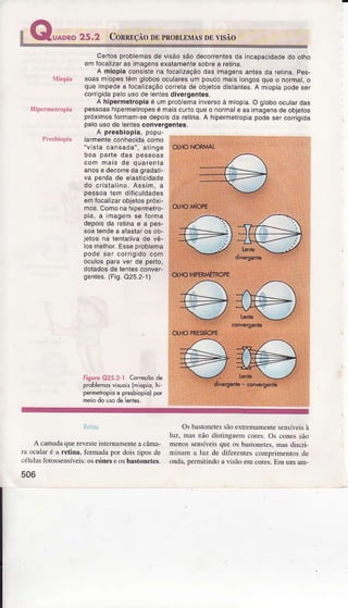 Miopia
Certosproblemasds visãosão decorrenìesda incapacidadsdo olho
êmÍocalizaras imagensêxatamenlesobrea relinâ,
A miopia consislena íocâlizaçãodas imagensaniesda rstina.Pes-
soasmiopestêmglobosocularêsumpoucomaislongosqUêo normal,o
que impedea íocalizaçáocorrêtade objetosdisìanles.Â mÌopiapodeser
corÍigidâp€lousode lentesdlvêrgentes.
Á hlpeímêtropiaé umproblemainversoà miopia.O globooculardas
pessoashipêrmeÍopesé maiscurtoquêo normâle asimagensdeobjotos
próximosÍormâm-sedepoisda retina,A hipêrmêtropiapodesercofiigida
pelousode lênt€sconvêrgentes,
A presbloplâ,popu-
larmenteconhêcidacomo
''vistacansada",atinge
boa parte das pessoâs
com mais de quârenla
anosê decorredagradati-
va pordade elasticidade
do cristalino.Assim,a
pessoalom dificuldades
emÍocalizarobjetospróxi-
mos,Comonahip€ÍmeÍo-
pia, a imagemse foÍma
depoisda retinaê a pes-
soatêndea aíastarosob-
jetos na tentaÌivade vê-
losmslhor.Esseproblema
pode sêÍ corrigidocom
óculosparavef de perto,
dotadosdê lenlesconver-
gentes.(Fig.Q25.2-1)
tiguro 025.2"1 Coíêçõode
problehosvisudis(mìopìo,h;
pêrmêlrcpjoe prcsbìopìolpor
Relina
A câmâdaquerevesteintemâmenreacâma-
ra ocuÌaré a retina, fomadâ por doisriposde
céÌuÌasfotossensíveis:oscdneseosbâstonetes.
506
Osbastonetessãoextremamentesensíveisà
luz, masúãodistinguemcoÌes.Os conessão
menossensíveisqueos bastonetes,masdiscd-
minama luz de diferentescomprimentosde
onda.pemitindo avisãoemcoÌes.Em um am-
 