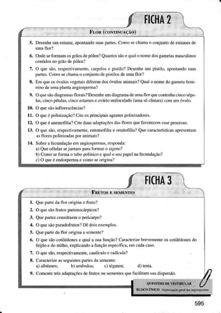 FLoR((orNr ACÀo)
5. Desenìe um estame,apontando suaspâÍes. Como sechârnâo conjunto de estamesde
6. Onde selornìam os grãosde pólen? Quantos sãoe qual o noÍne dosgametasÌnascuÌinos
contidos no fÍão de póÌen?
7. O que !ão, respectivimente.caÌ?closc pistiÌo?Desenheum pistilo, apontandosuas
paftes.Como sechamao conjüntodc pisliÌosde umatÌor?
IÌ. Em queos óvubs vcgetâisdilèremdosóvuÌosanimais?Qual o nomedo gâmetafcni
nino de una pÌâlta ângnrspeÌrÌâ?
9. O qüesãodiagÌâmâsflorâis? DesenheuÌn dìagramadeuma 1Ìorquecontenhâcinco sópa
las.cinco ÉtâÌd-s,cinco estânìesê ovárìo unilocuÌado (urÌÌa só câÌnâra)com um óvüh.
10. O quesãoinflorescências?
11. O quc ó polinizâção?Cile osprincipaÌsâgeniespolinizadoÌes.
12, O que é dnemofilia? Cite duas adâphções dâs flores que 1ãvoreceÍncsseprocesso.
13. o quc são, respcclivâmente, enÌomofiliâ e ornitofilia? Que cÂracÌeísiicâs âpresentàn
âsflorespolinjzâdâspor rni'nâis?
14. Sobrea fecundaçãoem angiospemâs,rcsponda:
a) Quecélulassejuntampari fomir o zigoro?
b) Como se forma o tubo polínico e qual o seupâpeÌ na 1ècundâção?
c) O queé endospeflnae como seorjgina?
595
 