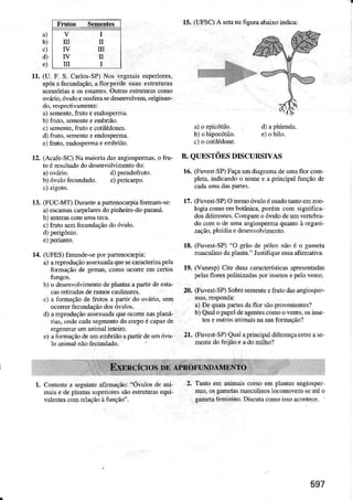Itr
IV
IV
ü
I
II
u
I
r5. GIFSC)A rctanafiguÌa abaüo indica:
.)
1r. (U. F. S. CarÌos-SP)Nos vegetâjssupeiiores,
apósafdndação, âflorlerde sDasestruturas
eessóriase os estamer.Oulns estrulurd como
ovúdo,óvuloeoosrerasedesenvolvem.originatr-
do,rcsp€ctivaúente:
a) semefie,Autoeendospema.
b) frÌto. sementee embrião.
c) senente,lnto e cotiledones.
d) fÍüto, sèfrenteeendospeflM.
e)lruto, €ndospermaeenbrião.
12. (Acafe-sc) Na naio.ia dd arsiosperms. o lru-
to ércsultadododèsènvolvitrnto do:
B. QUESTÕES DTSCURSTVAS
1ó. (FuvestSP)Façaum úagramadenna flor com
pleta,indicandoo nomee a principal tunçaode
cadaumã.laspâÍtes.
17. (FuvesÌ-SPiOremo óvuÌoéusadotdto eD zoo-
logiacomoembotâlica,porémcom sienifica-
dosdifèlentes.Comparco ówlo deu vertebG-
do como dêlna ângìospermqueto à organi-
zação.ploidiaedesenvoÌvimetrto.
18. (Fuvêí'SP)"O grãÒde pólennãoé o gânela
úascDiirc dapÌanta-"Justifiqneessaafirmativa.
19. (Vunesp)Cite dus cúacleríslrcasâpese.tadas
pèlÀsfl@s poiitrizadaspor inselosepeìovento.
20. (Fuves!-SP)SobreseÌnenteefrurodâsâÌìgiosp€Í-
â) Dequais!aÌ1esdaflor sãopÍovenientes?
b) QuaÌopap6ldeagentescomoovento,osinse
t$ oout osanimaisnasuafolmção?
2r. Guvest-SP)QuãlaprincipaÌdiferençaentrcase'
mentedofeijÍo eâdomilho?
b) ónlo fecundado. e)poricar?o.
13. (FUC-Ì4T)DüranleapâÍenocarlia fomân-se:
a)escâmâscarpeiaJesdo piúeiÍo do pddá.
D)mÌerascoÌnurn'tIeü.
c) fnto semf@undaçAodo óvulo.
14. (LIFES)Entende-sèpd laÌtenocaryìa:
a) areproduçãolrssèxúdaquesec!@terizâ lela
lbrmaçAode gems, como ocote em ceíos
b) o desenvolvimentodepÌantasapaÍir dee!tÀ-
casrelindas deranos caulindes.
c) a fomação de ftutos a paÍir do ôváÍio, sem
@oÍer fecundaçãodosÓvÌìlos.
d) arcpoduçãoâsiexúâdaqueocme ms !laú-
ú6, ondecâdrseementodo colpo écapâzde
regeneÍarüm úimaÌ iÍteiÌo.
e) âfomação deDn embriãoapaÍir deuÍ óvu'
lÒaninal nãofeondado.
t. contestea segllinteafimação: 'Óvllos de di
maise depÌaDtassupenoressãôèstnÌtu€s equi-
valeDtescomrelaçãoàfunção".
2. Ta.to em dimais como em pÌrntas angiosper
nas, osgmetas Mscuiircs locomovemie art o
gmotâ ferinino. Discutacomoissoa@ntoce.
597
 