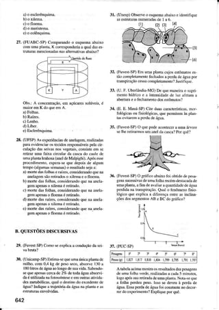 (FUABC-SP)Conparudo o esquemaabaixo
comumaplút4 K .o@ponderia aqu.Ì dases
truturasmelcionadãsnÀsãltèúâtivasóaixo?
3r. (Unesp)Obseneo èsquemaabaixoeideÍtìfique
4 estruturasDuemdas de 1aó.
n.
Obs-:A concentração,em açúczB solúveis.é
maiü emK doqüèèfr A.
d) Líber.
e)Escleíênquina.
2E {trFSP)As oxperiênciasdemelaSem,realiadas
pm èlidenciu ost@idosr€sponsáveis!el. ciÍ
culaçãodasseivâsúÒsvegêtais,consisteom so
rctird uma faixa circular .la càscâdo caulede
umãplântaÌeúosa (aneÌdeMaÌpighi).Apóse$e
pÍocêdimonto.esperase que detois de algun
tempo(ãlgunassemms) o resültadosejaa:
a) müte dasiolhâseraízes,coNidemdo quem
anelagemsãoretiradoso xilema€ ofloema.
b) mortedàsfôlhÀs,coÍsiderandoquena mcla
gemapms oxilemaéeúÉdo.
c) morteds folhas,considermdoquena úela,
gelnapenasofl@maéreúado.
d) müte dasrêízes.considerodo quem uela
gemãpemso xilemaéÊtimdo,
e) moÌte dasraJzes,consideÍandoquena,anola-
gemapemsoflema éetiudo.
B. QI]ESTÕES DISCURSIVAS
29. (FuvesfsP) Cono seeiplicâ aconduçaodasei
30. (Utricdp SP)Estinã,sequèunrìúúiü plantade
milho, comO'4kg de pesosecô,âbsoryeI30 a
|80litrcs deágüaaoÌoogodesuâvidà-Sabendo-
seqÌè àpènâ!corcade2% detodaáguaabsoúi
daéulilianlâ nâfotôssíÌtoseeomout6 ativida
desnetabjlicÀs, qDl o destinôdo €xoedenr€de
águâ?Indiqueâtmjeüóriada águÀnâplaí1aè Às
èstmturasenvoÌvidas.
(Fuveit-SP)Em
'lm
plãntâcujosestômatoses
tio compìetanentefehâdos âperdadcáguapor
húspimção cesa completmente?Jusrifiquo.
(U. F. Uberiândìa-Mc)De qüêmaneirao supri
mento hídÍico e a intensidadède iuz af€rdma
aberturae ofechmento dosestômalos?
(8. E. Mauá SP)Cile duascaracrdísúcâs.mor-
lblógicasou iisiológicãs.quepermitemàsplan
túsevita.emaperdadeágüì.
(Fuvest-SP)O quopodeaconie4eraumaánore
seìheretúdmos um aneldãcüca? Porquê?
t5l
{ól
32.
34.
36.(Iuvest SP) O gÍánco abaixo foi oblido de pes!-
8eN sucesivd deuÌnu lolh. @émdestâcadâ de
um pldta, a fim de a!àlir a quantidade de ígDa
perdida na trdspiração. Qual o íenômeno fisio
lósico que explica a diferènça entre d incÌiM
çõs dos segmentosAB e BC do gÌáfico?
Ë,
A tabeÌaeim mosiraosÍesultadosdaspesage.s
.lê ufra folhã verdê.rcâÌizâdÀsâcada5 Dinutos,
logoapóssuâretiradadeumaplaú{à.Notd-sequo
a foÌha perdeupeso-Isso se deveDà perdadè
ágqa.Esa p€rdadeáguâfoi corstanteno d@or
rcr do expenmeDto?Expliquopor quê.
37. (PUC SP)
jr 5!
1,82?1.8171,8i0r,N04lJ9q 1,7951,7q1ÌJ8:
 