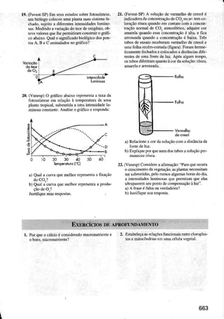 19. (FuvestSP)Em seusestúos sobrefotossínEse,
um bióÌogocolocoDumapiantanumsistemafe
chado,su.jenoa diferertesinteNidâdeslnmirc
sÀs.Medindoavdiação do leoÍdeoxigênio,ob
tevevaloresqueÌhepermitirâmconsauAo gráli-
coabâixo.Qualo sienificadobiológìcodospoí-
rosA, B eC assinaÌadosnogáfico?
20. (Vunesp)O gráficoabaixorepresenlaa tüa da
fotossitrteseem relaçãoà Lemperaturadc uDd
plmta trolical, submetidââ umâintensidadelu-
minosaconstante.Analiseo gráJicoeresponda:
21. (Fuvest-SP)A soluçãode vemelho d6 c$ol é
indicadoÍãdaconcèÍÚâçãodeCO:noar:leb co-
ìorâçãoróseaquandoem contàtôom â concen
tÌâçãolormal de CO: ahosférico, adquirecor
mmìa qumdo essaconcentraçãoé aÌta.e flca
doxeada quodo a corcentação é baüa. TÉs
iubosdeensaioreceberanvermelhode crcsoÌe
Ìm foÌbarecém-coÍada(figura).Fo'm heme-
ticamentefechadosecoÌocadosadìslânciasdife-
re es de umàfÒntede lü. Após algun tompÒ,
ostubosdiferirm quantoàco. dâsolução:óseâ,
amârelaemoxeadà.
I
9
-p
0r020304050ó0
Iemperoturd{'c)
a) Qürl âcura quenelhor rcprosenrâafixação
doCO,?
b) Qual r cu a quemoìhorrèpresent a produ-
Justifi$e suasrcspostâs.
a) Relacìoneacordasoluçãocon adisúnciada
b) Expliquepo. queNm dostubosasoluçAoper
22.(Vuresp)CoÍsìdèrcaafimação: -ParâqueocoÍa
odescÍnêntodavegetaçao.6 pìdntâsn&esilâm
sersubmeti.las.pelomenoralgunâ! horasdodia,
a intcnsidâdesluminosasquepemitd queelas
ulírrlà$em seupontodecômpensaçãoàluz .
a) A fÍasÈéfalsaou vèrdãdeira?
b) Jusrifiquesuarespoír.
1. Por queo cálcioé consldèradomacronutrierrèe
o boro,micrcnufiente?
2. EstabeleçaasreÌaçõesfuncionaisentrecloroplÀç
1osemitocôndÍiasemua célulâlegeial.
663
 