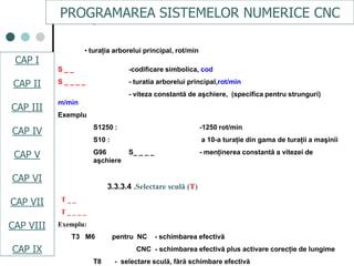 CAPI
CAPII
CAPIII
CAPV
CAP IV
CAPVI
CAPVII
S _ _ -codificare simbolica, cod
S _ _ _ _ - turatia arborelui principal,rot/min
- viteza constantă de aşchiere, (specifica pentru strunguri)
m/min
Exemplu
S1250 : -1250 rot/min
S10 : a 10-a turaţie din gama de turaţii a maşinii
G96 S_ _ _ _ - menţinerea constantă a vitezei de
aşchiere
3.3.3.4 .Selectare sculă (T)
T _ _
T _ _ _ _
Exemplu:
T3 M6 pentru NC - schimbarea efectivă
CNC - schimbarea efectivă plus activare corecţie de lungime
T8 - selectare sculă, fără schimbare efectivă
• turaţia arborelui principal, rot/min
PROGRAMAREA SISTEMELOR NUMERICE CNC
CAP I
CAP II
CAP III
CAP IV
CAP V
CAP VI
CAP VII
CAP VIII
CAP IX
 