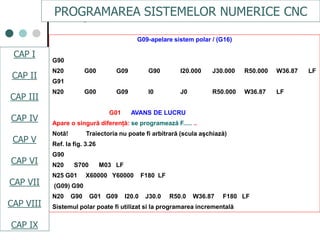 CAPI
CAPII
CAPIII
CAPV
CAP IV
CAPVI
CAPVII
G09-apelare sistem polar / (G16)
G90
N20 G00 G09 G90 I20.000 J30.000 R50.000 W36.87 LF
G91
N20 G00 G09 I0 J0 R50.000 W36.87 LF
G01 AVANS DE LUCRU
Apare o singură diferenţă: se programează F..... ..
Notă! Traiectoria nu poate fi arbitrară (scula aşchiază)
Ref. la fig. 3.26
G90
N20 S700 M03 LF
N25 G01 X60000 Y60000 F180 LF
(G09) G90
N20 G90 G01 G09 I20.0 J30.0 R50.0 W36.87 F180 LF
Sistemul polar poate fi utilizat si la programarea incrementală
PROGRAMAREA SISTEMELOR NUMERICE CNC
CAP I
CAP II
CAP III
CAP IV
CAP V
CAP VI
CAP VII
CAP VIII
CAP IX
 