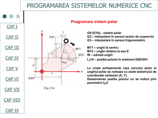 CAPI
CAPII
CAPIII
CAPV
CAP IV
CAPVI
CAPVII
G9 (G16)– sistem polar
G2 – interpolare în sensul acelor de ceasornic
G3 – interpolare în sensul trigonometric
M71 – unghi la centru
M72 – unghi relative la axa X
W – adresă unghi
I,J,K – poziţia polului în sistemul G90/G91
La unele echipamente raza cercului polar si
unghiul polar se noteaza cu axele sistemului de
coordonate cartezian (X, Y).
Deasemenea pozitia polului nu se indica prin
parametrii I,j,k
Programare sistem polar
Fig.3.34.
PROGRAMAREA SISTEMELOR NUMERICE CNC
CAP I
CAP II
CAP III
CAP IV
CAP V
CAP VI
CAP VII
CAP VIII
CAP IX
 