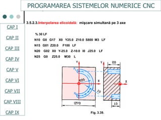CAPI
CAPII
CAPIII
CAPV
CAP IV
CAPVI
CAPVII
3.5.2.3.Interpolarea elicoidală: mişcare simultană pe 3 axe
% 30 LF
N10 G0 G17 X0 Y25.0 Z10.0 S800 M3 LF
N15 G01 Z20.0 F100 LF
N20 G02 X0 Y-25.0 Z-10.0 I0 J25.0 LF
N25 G0 Z25.0 M30 L
Fig. 3.39.
PROGRAMAREA SISTEMELOR NUMERICE CNC
CAP I
CAP II
CAP III
CAP IV
CAP V
CAP VI
CAP VII
CAP VIII
CAP IX
 