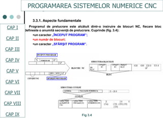 CAPI
CAPII
CAPIII
CAPV
CAP IV
CAPVI
CAPVII
3.3.1. Aspecte fundamentale
Programul de prelucrare este alcătuit dintr-o insiruire de blocuri NC, fiecare bloc
defineste o anumită secvenţă de prelucrare. Cuprinde (fig. 3.4):
un caracter „ÎNCEPUT PROGRAM”;
un număr de blocuri;
un caracter „SFÂRŞIT PROGRAM”.
Fig 3.4
CAPI
CAPII
CAPV
CAPVI
PROGRAMAREA SISTEMELOR NUMERICE CNC
CAP I
CAP II
CAP III
CAP IV
CAP V
CAP VI
CAP VII
CAP VIII
CAP IX
 