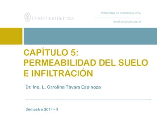 Dr. Ing. L. Carolina Távara Espinoza
Semestre 2014 - II
CAPÍTULO 5:
PERMEABILIDAD DEL SUELO
E INFILTRACIÓN
PROGRAMA DE INGENIERÍA CIVIL
MECÁNICA DE SUELOS
 