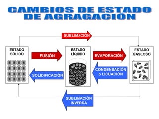 ESTADO
GASEOSO
ESTADO
SÓLIDO
ESTADO
LÍQUIDO
FUSIÓN
SOLIDIFICACIÓN
CONDENSACIÓN
o LICUACIÓN
SUBLIMACIÓN
SUBLIMACIÓN
INVERSA
EVAPORACIÓN
O GASIFICACIÓN
 