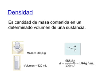 Densidad
Es cantidad de masa contenida en un
determinado volumen de una sustancia.
Masa = 588,8 g
Volumen = 320 mL
V
m
d =
mLg
mL
g
d /84,1
320
8,588
==
 