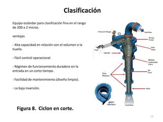 Clasificación
13
Figura 8. Ciclon en corte.
Equipo estándar para clasificación fina en el rango
de 200 a 2 micras.
ventajas
- Alta capacidad en relación con el volumen o la
huella.
- Fácil control operacional.
- Régimen de funcionamiento duradero en la
entrada en un corto tiempo.
- Facilidad de mantenimiento (diseño limpio).
- La baja inversión.
 