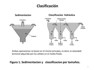 Clasificación
5
Figura 1. Sedimentacion y classificacion por tamaños.
Ambas operaciones se basan en el mismo principio, es decir, la velocidad
terminal adquirida por los sólidos en el medio fluido.
Sedimentacion Classificacion hidráulica
 