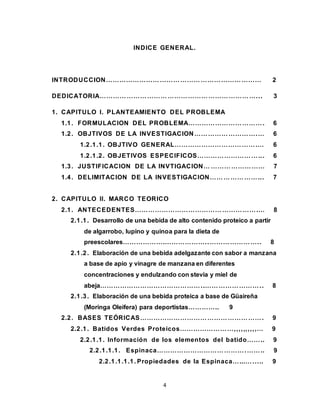 4
INDICE GENERAL.
INTRODUCCION…………………………………………………………… 2
DEDICATORIA……………………………………………………………... 3
1. CAPITULO I. PLANTEAMIENTO DEL PROBLEMA
1.1. FORMULACION DEL PROBLEMA……………………………. 6
1.2. OBJTIVOS DE LA INVESTIGACION……………………….… 6
1.2.1.1. OBJTIVO GENERAL……………………………….… 6
1.2.1.2. OBJETIVOS ESPECIFICOS………………………... 6
1.3. JUSTIFICACION DE LA INVTIGACION… …………………… 7
1.4. DELIMITACION DE LA INVESTIGACION…………………... 7
2. CAPITULO II. MARCO TEORICO
2.1. ANTECEDENTES……………………………………………….… 8
2.1.1. Desarrollo de una bebida de alto contenido proteico a partir
de algarrobo, lupino y quinoa para la dieta de
preescolares……………….………………..………………….. 8
2.1.2. Elaboración de una bebida adelgazante con sabor a manzana
a base de apio y vinagre de manzana en diferentes
concentraciones y endulzando con stevia y miel de
abeja………………………………………..…………………….. 8
2.1.3. Elaboración de una bebida proteica a base de Güaireña
(Moringa Oleifera) para deportistas………….. 9
2.2. BASES TEÓRICAS………………………………………………. 9
2.2.1. Batidos Verdes Proteicos……………………,,,,,,,,,,… 9
2.2.1.1. Información de los elementos del batido…….. 9
2.2.1.1.1. Espinaca………………………………….…….. 9
2.2.1.1.1.1. Propiedades de la Espinaca…...…..... 9
 