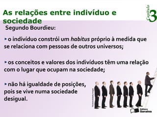 Capítulo
3As relações entre indivíduo e
sociedade
Segundo Bourdieu:
o indivíduo constrói um habitus próprio à medida que
se relaciona com pessoas de outros universos;
os conceitos e valores dos indivíduos têm uma relação
com o lugar que ocupam na sociedade;
não há igualdade de posições,
pois se vive numa sociedade
desigual.
Thinkstock/GettyImages
 