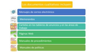 Los documentos cualitativos incluyen:
Mensajes de correo electrónico
Memorandos
Carteles en los tableros de anuncios y en las áreas de
trabajo
Páginas Web
Manuales de procedimientos
Manuales de políticas
 