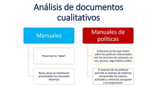 Análisis de documentos
cualitativos
Manuales
Presentan lo “ideal”.
Raras veces se mantienen
actualizados los manuales
impresos
Manuales de
políticas
Enfocarse en los que traten
sobre las políticas relacionadas
con los servicios de cómputo, su
uso, acceso, seguridad y cuotas.
El examen de las políticas
permite al analista de sistemas
comprender los valores,
actitudes y creencias que guían
a la corporación.
 