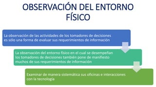 OBSERVACIÓN DEL ENTORNO
FÍSICO
La observación de las actividades de los tomadores de decisiones
es sólo una forma de evaluar sus requerimientos de información
La observación del entorno físico en el cual se desempeñan
los tomadores de decisiones también pone de manifiesto
muchos de sus requerimientos de información
Examinar de manera sistemática sus oficinas e interacciones
con la tecnología
 