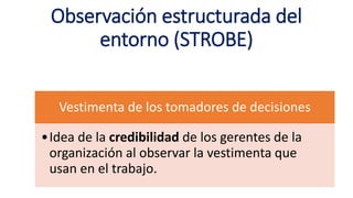 Observación estructurada del
entorno (STROBE)
Vestimenta de los tomadores de decisiones
•Idea de la credibilidad de los gerentes de la
organización al observar la vestimenta que
usan en el trabajo.
 