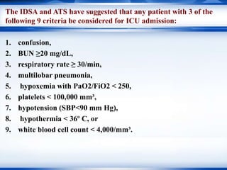The IDSA and ATS have suggested that any patient with 3 of the
following 9 criteria be considered for ICU admission:
1. confusion,
2. BUN ≥20 mg/dL,
3. respiratory rate ≥ 30/min,
4. multilobar pneumonia,
5. hypoxemia with PaO2/FiO2 < 250,
6. platelets < 100,000 mm³,
7. hypotension (SBP<90 mm Hg),
8. hypothermia < 36º C, or
9. white blood cell count < 4,000/mm³.
 