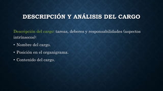 DESCRIPCIÓN Y ANÁLISIS DEL CARGO
Descripción del cargo: tareas, deberes y responsabilidades (aspectos
intrínsecos):
• Nombre del cargo.
• Posición en el organigrama.
• Contenido del cargo.
 
