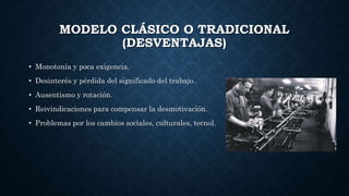 MODELO CLÁSICO O TRADICIONAL
(DESVENTAJAS)
• Monotonía y poca exigencia.
• Desinterés y pérdida del significado del trabajo.
• Ausentismo y rotación.
• Reivindicaciones para compensar la desmotivación.
• Problemas por los cambios sociales, culturales, tecnol.
 