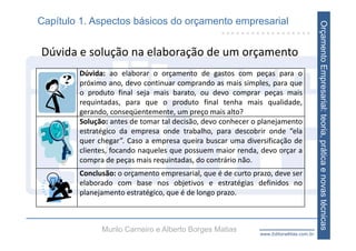 Capítulo 1. Aspectos básicos do orçamento empresarial




                                                                                       Orçamento Empresarial: teoria, prática e novas técnicas
Dúvida e solução na elaboração de um orçamento
        Dúvida: ao elaborar o orçamento de gastos com peças para o
        próximo ano, devo continuar comprando as mais simples, para que
        o produto final seja mais barato, ou devo comprar peças mais
        requintadas, para que o produto final tenha mais qualidade,
        gerando, conseqüentemente, um preço mais alto?
        Solução: antes de tomar tal decisão, devo conhecer o planejamento
        estratégico da empresa onde trabalho, para descobrir onde “ela
        quer chegar”. Caso a empresa queira buscar uma diversificação de
        clientes, focando naqueles que possuem maior renda, devo orçar a
        compra de peças mais requintadas, do contrário não.
        Conclusão: o orçamento empresarial, que é de curto prazo, deve ser
        elaborado com base nos objetivos e estratégias definidos no
        planejamento estratégico, que é de longo prazo.



              Murilo Carneiro e Alberto Borges Matias        www.EditoraAtlas.com.br
 