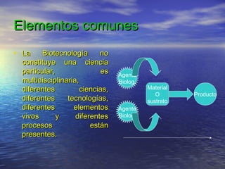 Elementos comunes
• La    Biotecnología      no
 constituye una ciencia
 particular,                es   Agente
 multidisciplinaria,             Biolog.
 diferentes          ciencias,             Material
                                              O       Producto
 diferentes     tecnologías,               sustrato
 diferentes       elementos      Agente
 vivos       y     diferentes    Biolog.
 procesos               están
 presentes.
 