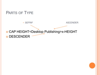 PARTS OF TYPE

         • SEFRIF                ASCENDER



 CAP HEIGHT<Desktop Publishing>x-HEIGHT
 DESCENDER
 