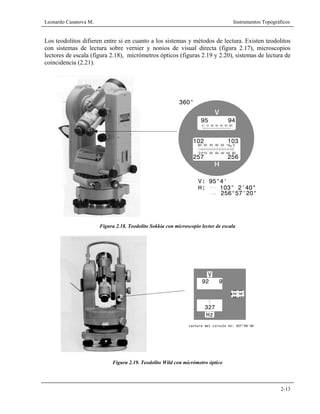 Leonardo Casanova M. Instrumentos Topográficos
2-13
Los teodolitos difieren entre si en cuanto a los sistemas y métodos de lectura. Existen teodolitos
con sistemas de lectura sobre vernier y nonios de visual directa (figura 2.17), microscopios
lectores de escala (figura 2.18), micrómetros ópticos (figuras 2.19 y 2.20), sistemas de lectura de
coincidencia (2.21).
Figura 2.18. Teodolito Sokkia con microscopio lector de escala
Figura 2.19. Teodolito Wild con micrómetro óptico
256°57'20"
H: 103° 2'40"
360°
256257
103102
40 50 6010 20 300
20 10 060 50 40 30
6050403020100
9495
V: 95°4'
V
92 9
327
Hz
59'36"
Lectura del círculo Hz: 327°59'36
 