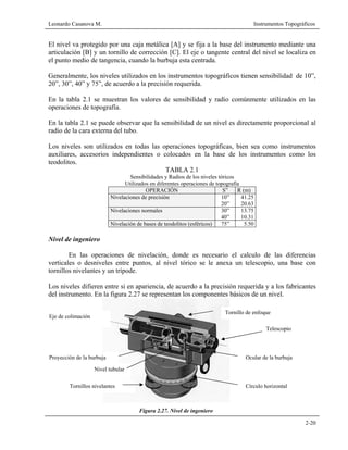 Leonardo Casanova M. Instrumentos Topográficos
2-20
El nivel va protegido por una caja metálica [A] y se fija a la base del instrumento mediante una
articulación [B] y un tornillo de corrección [C]. El eje o tangente central del nivel se localiza en
el punto medio de tangencia, cuando la burbuja esta centrada.
Generalmente, los niveles utilizados en los instrumentos topográficos tienen sensibilidad de 10”,
20”, 30”, 40” y 75”, de acuerdo a la precisión requerida.
En la tabla 2.1 se muestran los valores de sensibilidad y radio comúnmente utilizados en las
operaciones de topografía.
En la tabla 2.1 se puede observar que la sensibilidad de un nivel es directamente proporcional al
radio de la cara externa del tubo.
Los niveles son utilizados en todas las operaciones topográficas, bien sea como instrumentos
auxiliares, accesorios independientes o colocados en la base de los instrumentos como los
teodolitos.
TABLA 2.1
Sensibilidades y Radios de los niveles tóricos
Utilizados en diferentes operaciones de topografía
OPERACIÓN S” R (m)
Nivelaciones de precisión 10”
20”
41.25
20.63
Nivelaciones normales 30”
40”
13.75
10.31
Nivelación de bases de teodolitos (esféricos) 75” 5.50
Nivel de ingeniero
En las operaciones de nivelación, donde es necesario el calculo de las diferencias
verticales o desniveles entre puntos, al nivel tórico se le anexa un telescopio, una base con
tornillos nivelantes y un trípode.
Los niveles difieren entre si en apariencia, de acuerdo a la precisión requerida y a los fabricantes
del instrumento. En la figura 2.27 se representan los componentes básicos de un nivel.
Tornillos nivelantes
Eje de colimación
Nivel tubular
Círculo horizontal
Ocular de la burbuja
Tornillo de enfoque
Telescopio
Proyección de la burbuja
Figura 2.27. Nivel de ingeniero
 