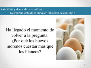 Ha llegado el momento de
volver a la pregunta:
¿Por qué los huevos
morenos cuestan más que
los blancos?
4.4 Oferta y demanda de equilibrio
Desplazamiento de la curva en situación de equilibrio
 