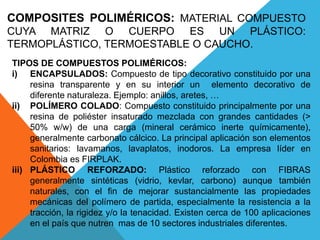 COMPOSITES POLIMÉRICOS: MATERIAL COMPUESTO
CUYA MATRIZ O CUERPO ES UN PLÁSTICO:
TERMOPLÁSTICO, TERMOESTABLE O CAUCHO.
TIPOS DE COMPUESTOS POLIMÉRICOS:
i) ENCAPSULADOS: Compuesto de tipo decorativo constituido por una
resina transparente y en su interior un elemento decorativo de
diferente naturaleza. Ejemplo: anillos, aretes, …
ii) POLÍMERO COLADO: Compuesto constituido principalmente por una
resina de poliéster insaturado mezclada con grandes cantidades (>
50% w/w) de una carga (mineral cerámico inerte químicamente),
generalmente carbonato cálcico. La principal aplicación son elementos
sanitarios: lavamanos, lavaplatos, inodoros. La empresa líder en
Colombia es FIRPLAK.
iii) PLÁSTICO REFORZADO: Plástico reforzado con FIBRAS
generalmente sintéticas (vidrio, kevlar, carbono) aunque también
naturales, con el fin de mejorar sustancialmente las propiedades
mecánicas del polímero de partida, especialmente la resistencia a la
tracción, la rigidez y/o la tenacidad. Existen cerca de 100 aplicaciones
en el país que nutren mas de 10 sectores industriales diferentes.
 