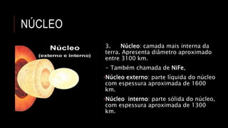 NÚCLEO
3. Núcleo: camada mais interna da
terra. Apresenta diâmetro aproximado
entre 3100 km.
- Também chamada de NiFe,
•Núcleo externo: parte líquida do núcleo
com espessura aproximada de 1600
km.
•Núcleo interno: parte sólida do núcleo,
com espessura aproximada de 1300
km.
 